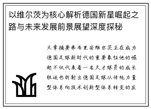 以维尔茨为核心解析德国新星崛起之路与未来发展前景展望深度探秘
